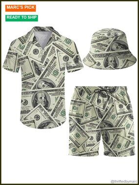 Men's 2 Piece Hawaiian Shirt and Shorts Set with Bucket Hat, 100% Polyester